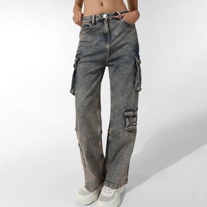 Jeans Cargo de Mezclilla para Mujer, Cintura Alta, Corte Holgado, Color Sólido, Lavado a la Piedra, Algodón, Casual, con Logotipo Personalizado - Product Image 6