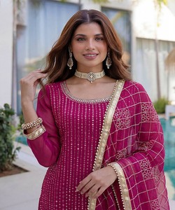 FANCY GEORGETTE EMBROIDERY SEQUENCE ZARI WORK <b>TOP</b> SHARARA WITH DUPATTA <b>FESTIVE</b> WEAR WHOLESALE PRICE ETHNIC GARMENT PINK - Product Image 4