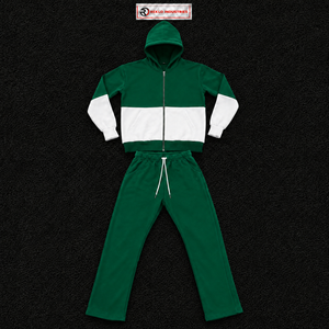 Green <b>White</b> Color Block Tracksuit <b>Men</b> Full Zip Hoodie With Matching <b>Jogger</b> Pants Premium Two Piece Sports Outfit Modern Casual - Product Image 5