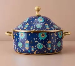 Olla árabe para guisos, color azul marino oscuro, con diseño floral vintage, para servir y mantener la comida caliente, ideal para regalos de Eid y uso en la mesa. - Product Image 4