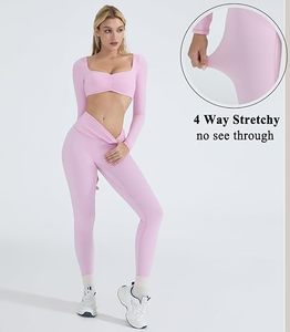 Conjunto de Yoga Rosa sin Costuras para Mujer, Leggings de Cintura Alta, Top Corto, Ropa Deportiva de Manga Larga, Conjunto de Dos Piezas para Gimnasio, Ropa Deportiva Elástica - Product Image 2