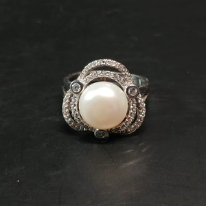 Sterling <b>Silver</b> Faux Pearl CZ Halo <b>Ring</b> Elegant Sparkling Fashion <b>Ring</b> Jewelry Gift For Women Bridal Style - Product Image 1