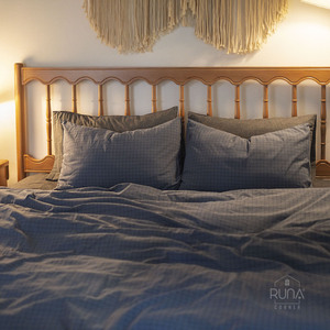 Washed Linen-Like Bedding Set 3 Pieces 2 Pillow cover Fitted <b>Bed</b> <b>Sheet</b> Soft Premium 100% Cotton Washed King <b>Queen</b> Indigo check - Product Image 2