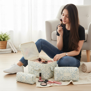 Grande trousse de maquillage matelassée en coton écologique, pochette de beauté géométrique tendance avec fermeture éclair, sacs cosmétiques de voyage personnalisés - Product Image 4
