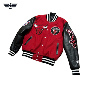 Bull Varsity Jacket Lettermen Men <b>Red</b> Body Black Sleeve Embroidered Logo Casual Windproof Heated <b>Wool</b> Lining Autumn/Winter - Product Image 1