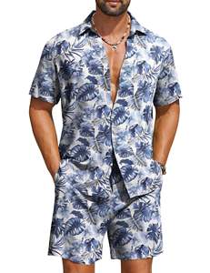 Conjunto de Camisa de Manga Corta con Estampado de Hojas Tropicales y Pantalones Cortos a Juego para Hombre, Estilo Casual de Verano para Vacaciones, Conjunto de Dos Piezas Colorido - Product Image 2