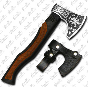 Custom Hand Forged High Carbon Steel Viking <b>Bearded</b> Axe Engraved Vegvísir Symbol with Two-Tone Wooden Handle with Leather Sheath - Product Image 3