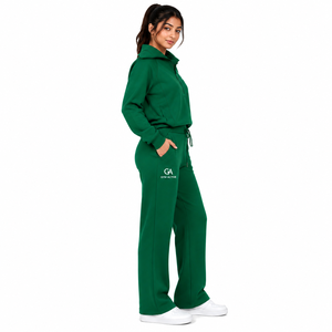 Ensemble de survêtement 2 pièces en molleton vert uni pour femme, avec logo personnalisé, sweat à capuche zippé et pantalon de jogging (Polyester/Coton, impression par transfert thermique) - Product Image 4