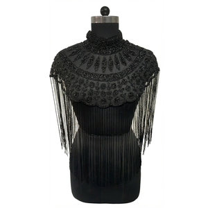 Cape d'épaule Ellora noire en nylon à franges perlées pour femme, col brodé, idéale pour les soirées, cape de mariée, superposition à pampilles - Product Image 1
