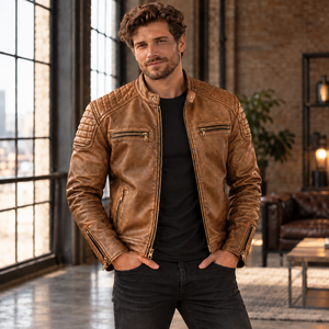 <b>Genuine</b> Brown <b>Leather</b> Biker <b>Jacket</b> with Gold Zippers, Geprägte Herrenlederjacke in Creme mit goldenen Reißverschlüssen,For <b>Men</b> - Product Image 4
