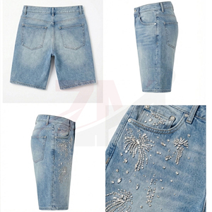 Pantalones Cortos de Mezclilla Personalizados para Hombre con Pedrería, Pantalones Cortos de Jean Lavados de Primera Calidad, Ropa Urbana de Lujo, Fabricante OEM ODM de Marca Privada - Product Image 3