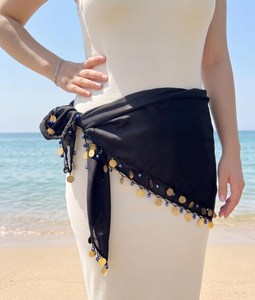 Handmade Silk Stretchable <b>Black</b> Square Scarf Gold Coin Blue Bead Trim for Women Embroidery Crafts Cross-stitching Needlework - Product Image 4