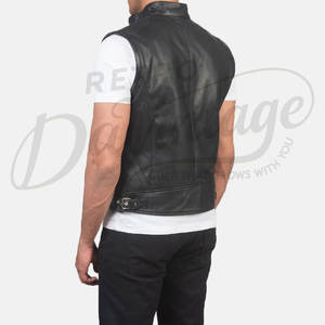 Chaleco Personalizado para Hombre, de Cuero Genuino Negro, Perforado, Corte Ajustado, Cuello Alto, Cierre de Cremallera, Sin Mangas, Transpirable - Product Image 2