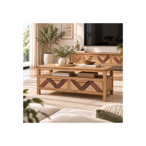 Mesa de roble geométrica de dos cajones de la colección SOHO con estante inferior abierto, mesa de centro de madera para muebles de sala de estar - Product Image 1