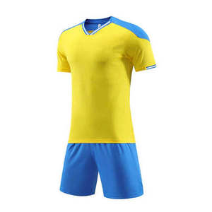 Ensemble de maillots de football personnalisés pour hommes Jaune Bleu Col en V Manches courtes 100% polyester Évacuation de l'humidité Toutes saisons Uniforme adulte - Product Image 2