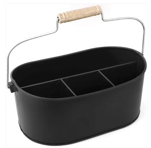 Black Durable Multi-Functional Utensil Iron Oval <b>Caddy</b> 4-Compartment with wooden handle Organizer for <b>Kitchen</b> Party & Office - Product Image 2