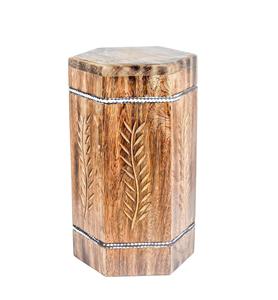 Wooden Cremation Urn Carved Leaf Design Natural Finish Hexagonal <b>Memorial</b> <b>Box</b> for Adult Commemoration - Product Image 1