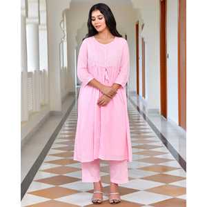 Ensemble coordonné décontracté en voile de coton rose, taille XS, tissu en mousseline, haut à manches trois-quarts, style élégant - Product Image 6