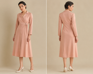 Robe midi ample décontractée pour femme, couleur unie, manches longues, avec ceinture et col rabattu, en tissu tissé respirant - Product Image 6