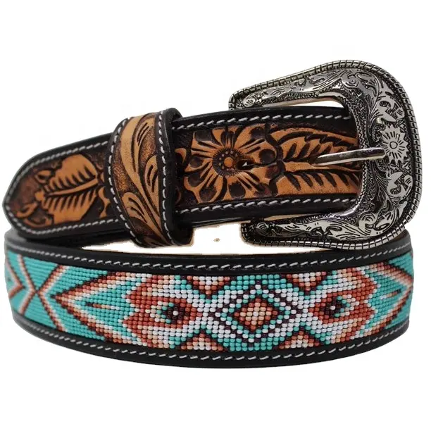 Cinturón vaquero con cuentas estilo Azteca occidental, Cinturón de piel de vaca de alta resistencia, hecho a mano con diseño Floral, precio al por mayor
