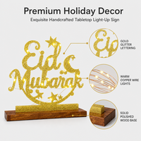 Batteriebetriebenes Eid Mubarak Leuchtschild mit Goldglitter-Beschriftung und Poliertem Holzsockel für Eingangsbereich Heimdekoration