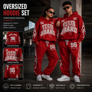 Ensemble de survêtement rouge à capuche pour l'hiver, coupe ample, style streetwear, 100 % coton, avec cordon de serrage, de votre marque - Product Image 2