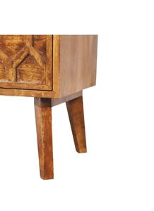 Mesita de noche de madera de mango tallado bohemio con dos cajones y estante abierto para sala de estar de apartamento - Product Image 3