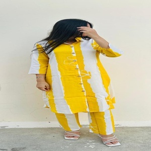 Vestido Túnica de Algodón Chifón a Rayas Amarillas y Blancas, Corte Regular, Manga Larga, Teñido Anudado, Casual de Verano, Largo hasta el Suelo, Cuello en V, Línea A - Product Image 1