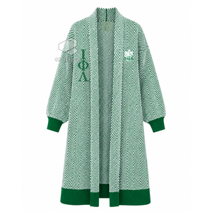 Iota Phi Lambda Sorority Women's Longline Herringbone Knit Duster <b>Cardigan</b> Open Front Embroidered Ribbed Cuff <b>Sweater</b> - Product Image 1