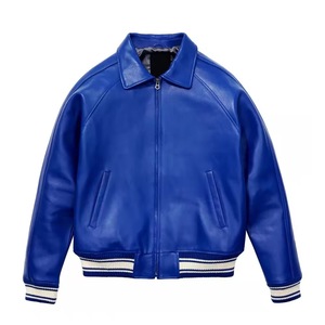 Chaqueta Bomber Azul de PU para Hombre, Cuello Camisero, Cierre de Cremallera, Estilo Casual, Ropa de Otoño - Product Image 1