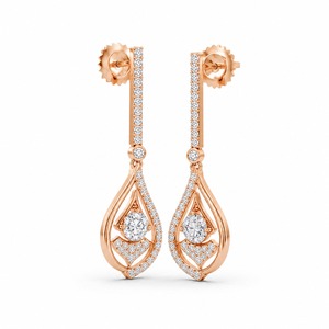 Boucles d'oreilles pendantes en or rose et diamants pour femme, bijoux de mariage, sertissage pavé, forme goutte d'eau, style luxueux - Product Image 6