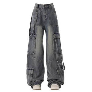 Jeans Cargo de Mezclilla Rectos y Holgados de Cintura Media para Mujer, Estilo Vintage, Desgastados, Deportivos, Cómodos, Transpirables, Lavados con Piedras, Personalizables - Product Image 1