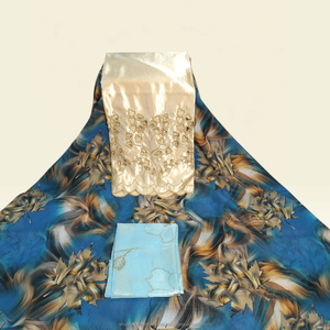 Royal Blue Luxury Swiss Dirac Floral Printed Fabric with Gold Embroidered Panel for Somali <b>Wedding</b> Party Wear - Product Image 1