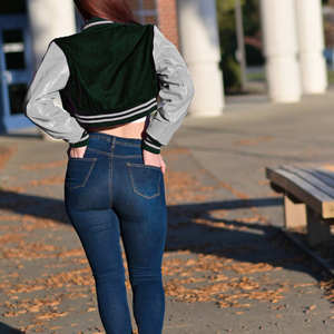 Veste courte universitaire pour femme, vert foncé et gris, style Letterman, manteau bomber, manches en similicuir, vêtement d'extérieur décontracté, mode féminine - Product Image 5