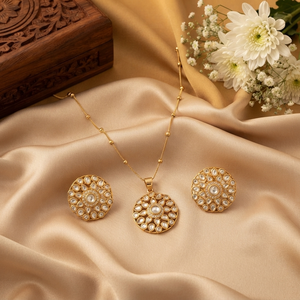 Elegant Brass Gold Plated Round Floral Moissanite Pendant <b>Chain</b> Necklace Set Matching <b>Stud</b> <b>Earrings</b> Women's Anniversary Jewelry - Product Image 4