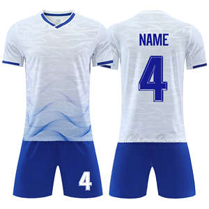 MILIENZ SPORTS APPAREL ชุดเสื้อฟุตบอลชายสีขาวไล่ระดับสีน้ำเงินคอวีแขนสั้นโพลีเอสเตอร์ดูดซับความชื้นขนาดพิเศษทรงสลิม - Product Image 1