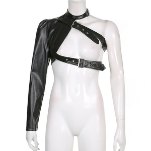 Chaqueta Asimétrica de Piel Sintética con Cuello Alto, Manga Larga, Cierre de Cinturón Cruzado, Chaqueta Corta de Moda Otoñal para Mujer - Product Image 6