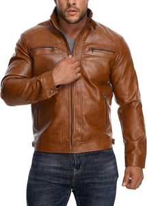 Men Brown PU Leather Moto <b>Biker</b> <b>Jacket</b> Zipper Front Stand Collar Regular Sleeve Solid Color Autumn Style OEM Service Knitted - Product Image 5