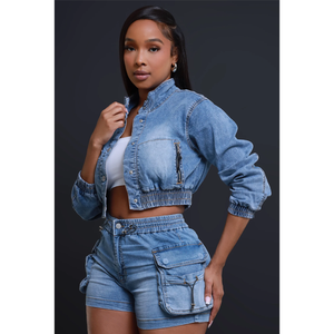 Veste en jean pour femme, style trucker, manches longues, col montant, boutonnée, coupe courte, couleur unie, style décontracté d'été - Product Image 6