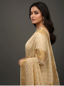 Sari Tradicional KV de Algodón y Seda Gadwal Tejido (Beige Dorado) - Ideal para Fiestas, Sin Arrugas y Reversible, de Secado Rápido, para Otoño - Product Image 2