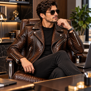 Mens Luxury Dark Brown Snake Skin Leather Embossed Breathable Winter Zip-Up Slim Fit Stand Streetwear <b>Biker</b> <b>Jacket</b> Wholesale - Product Image 6