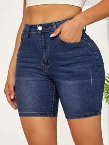 Shorts en jean taille mi-haute pour femme, couleur unie, délavage moyen, coupe droite, style décontracté streetwear, été, personnalisable - Product Image 5