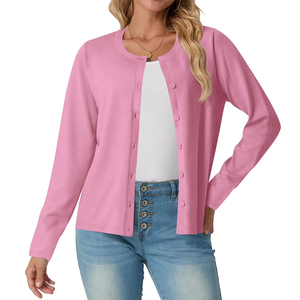 Adult Women's Pink Three Quarter Sleeve Knitted Cardigan O Neck Button Front Casual Sweater All Seasons Wear - Product Image 3