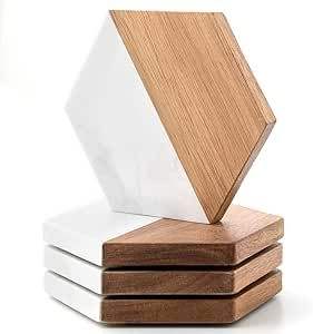 Posavasos modernos con base de madera y tapa de mármol para tazas, vasos y jarras, elegantes accesorios para el hogar y bar. - Product Image 2