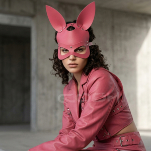 Máscara Facial de Cuero Sintético Rosa con Recortes para Ojos y Detalles de Tachuelas Metálicas para Cosplay Sexy - Product Image 2
