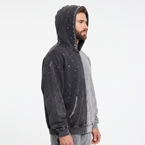 Sudadera con capucha personalizada para hombre, de algodón French Terry, con bloques de color, cremallera, estampado de estrellas y pedrería, estilo streetwear. - Product Image 3