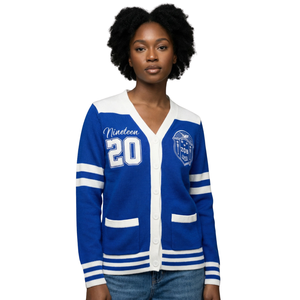 Cardigan universitaire Zeta Phi Beta 1920 pour femme, bleu et blanc, boutonné, en tricot, style veste de sororité avec poches - Product Image 3