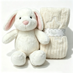 customized white floppy‑ear bunny plush and knitted blanket <b>gift</b> set, <b>boxed</b> newborn rabbit plush <b>gift</b> <b>hamper</b>, baby shower plush - Product Image 1