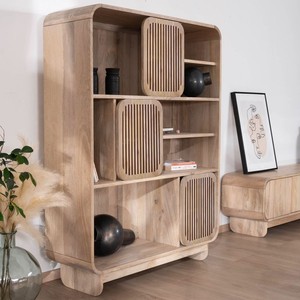 Bibliothèque minimaliste style Vandana Royal Balance en bois de manguier avec portes coulissantes ajourées - Product Image 4