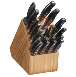 Ensemble de couteaux de cuisine à lames argentées avec manches rivetés noirs, bloc de rangement marron et ciseaux pour la préparation et la découpe des fruits et légumes - Product Image 4